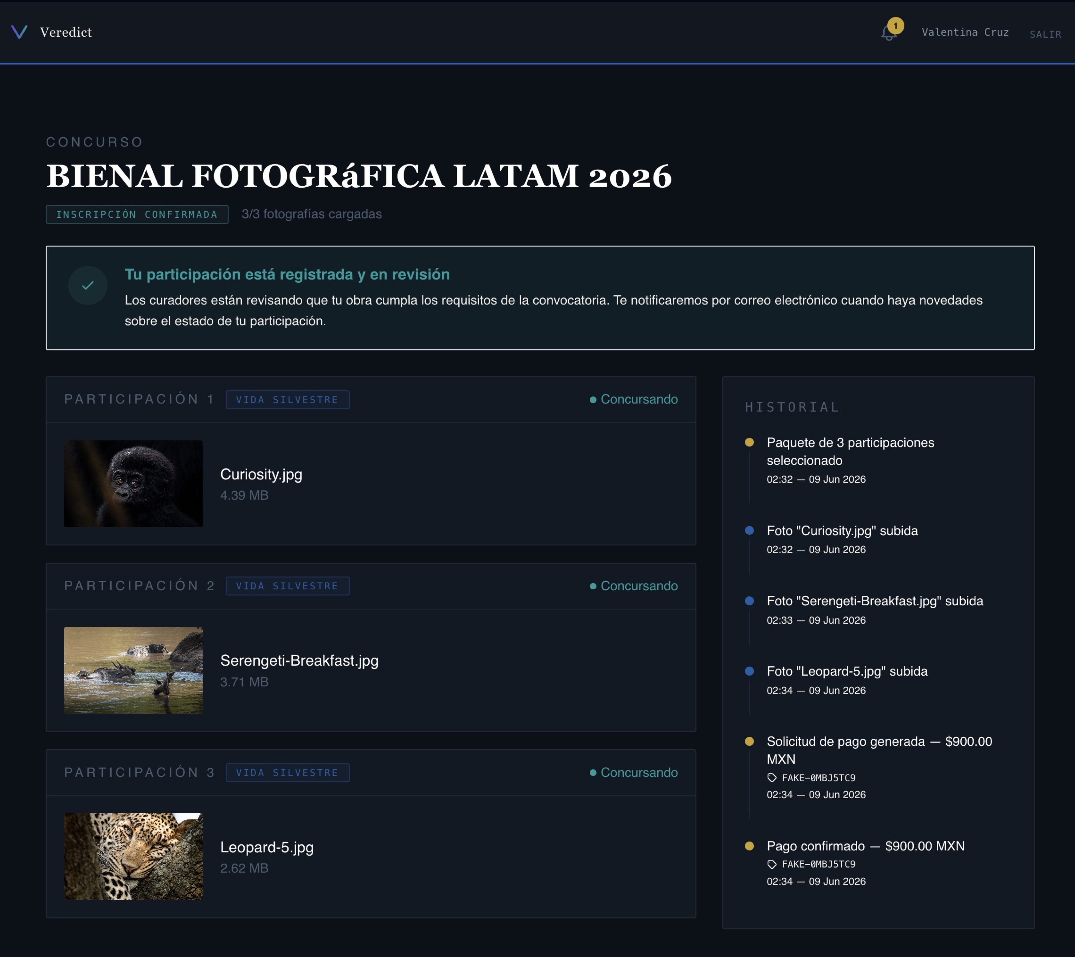 Inscripción confirmada — pago registrado en el historial